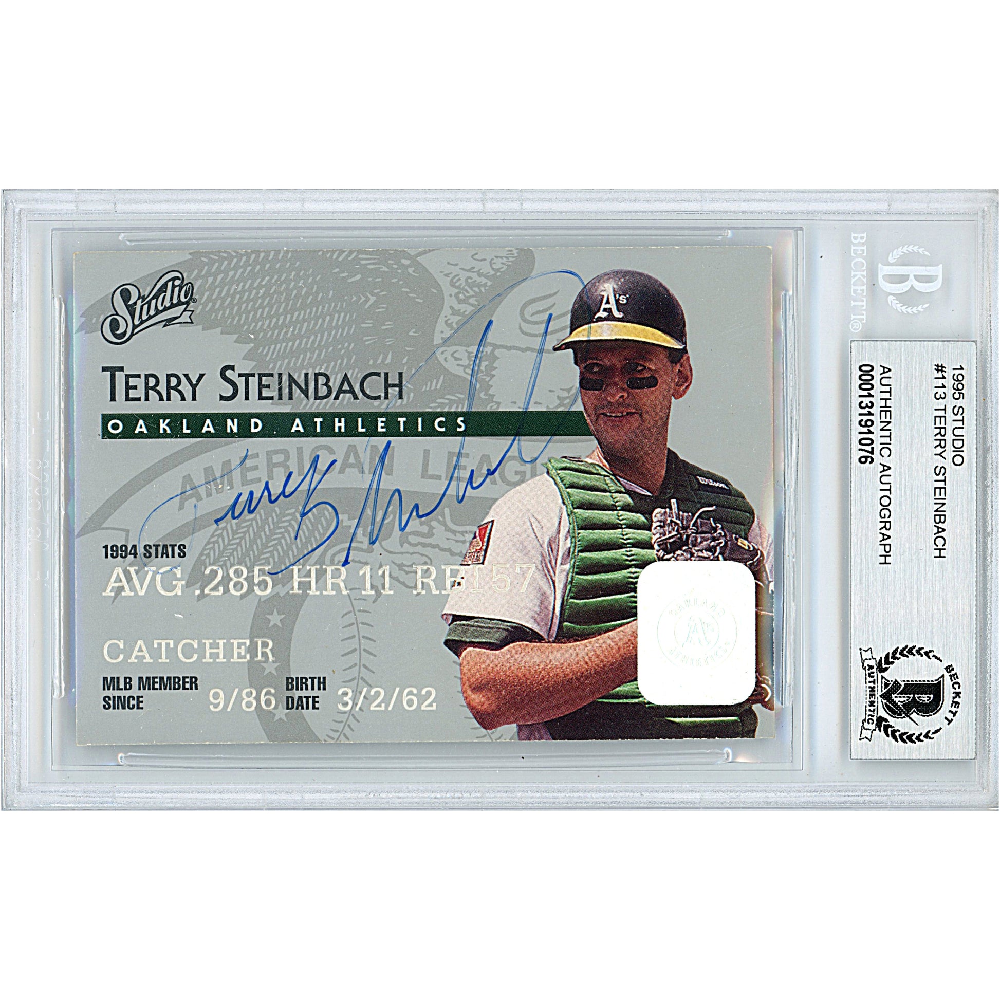 Baseballs- Autographed- Terry Steinbach Signed Oakland Athletics A's 1995 Studio Baseball Card Beckett BAS Slabbed 00013191076 - 101