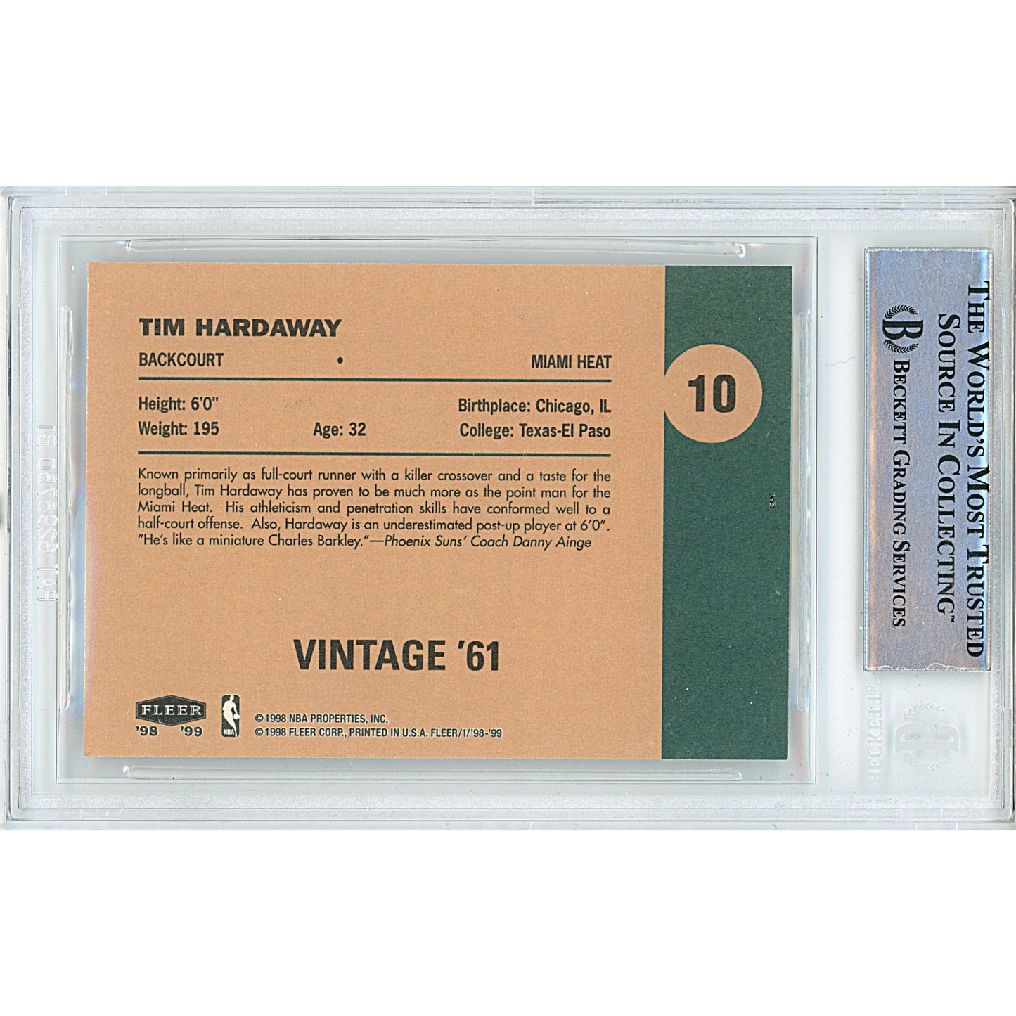 Basketballs- Autographed- Tim Hardaway Signed Miami Heat 1998-1999 Fleer Vintage '61 Basketball Card Beckett Authentication Slabbed 00014998847 - 102