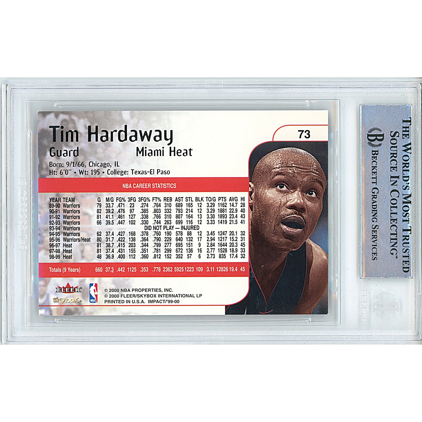 Basketballs- Autographed- Tim Hardaway Signed Miami Heat 1999-2000 Skybox Impact Basketball Card Beckett Authentication Slabbed 00014998808 - 102