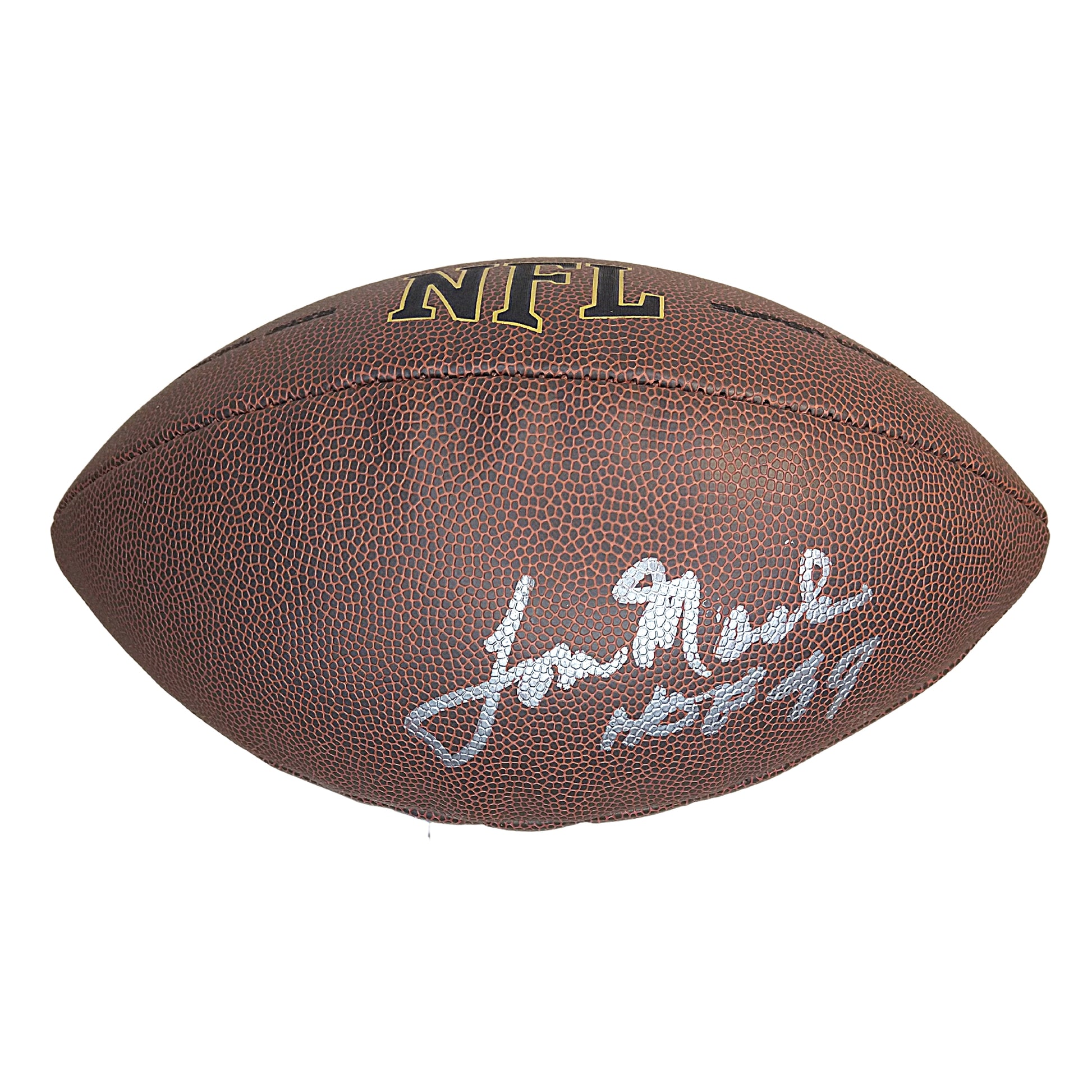 Footballs- Autographed- Tom Mack Signed NFL Wilson Composite Super Grip Football- Los Angeles Rams- Michigan Wolverines- Proof Photo- Beckett BAS Authentication- 102