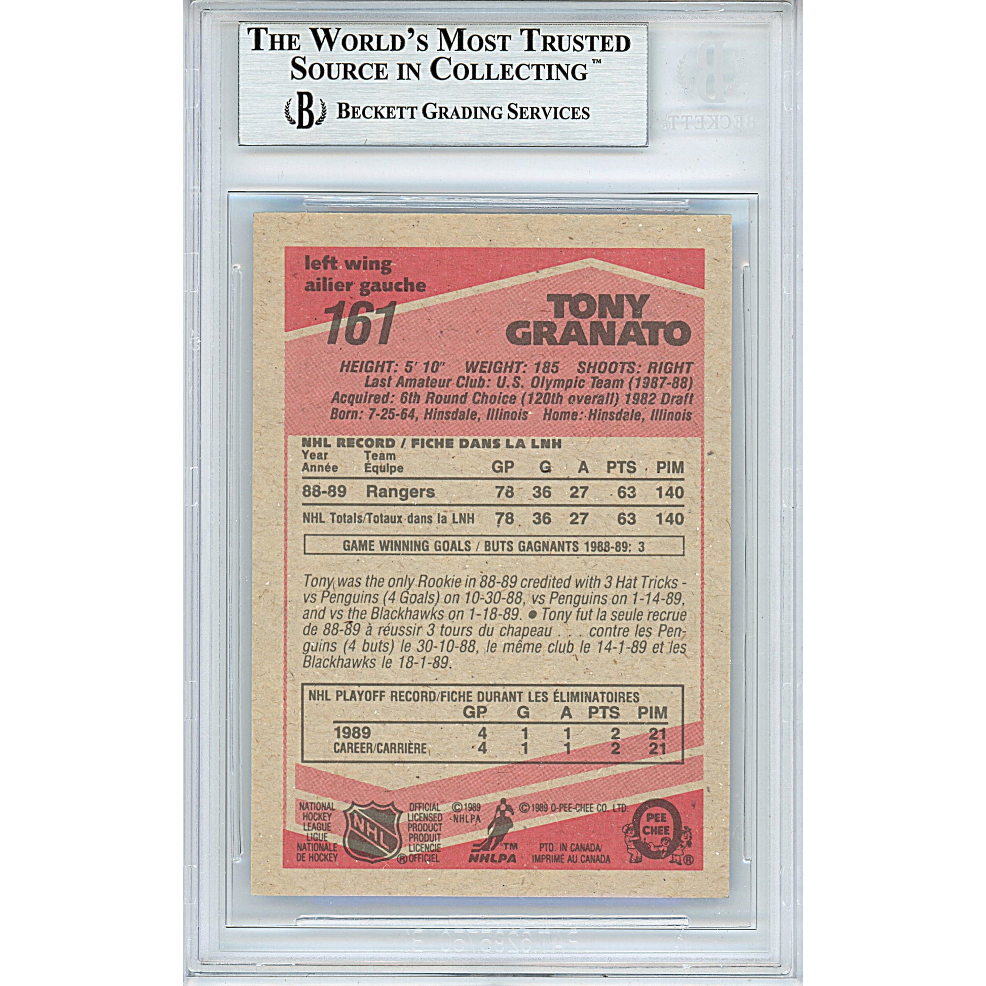Hockey- Autographed- Tony Granato Signed New York Rangers 1989-1990 O-Pee-Chee Hockey Card Beckett BAS Slabbed 00013694826 - 102