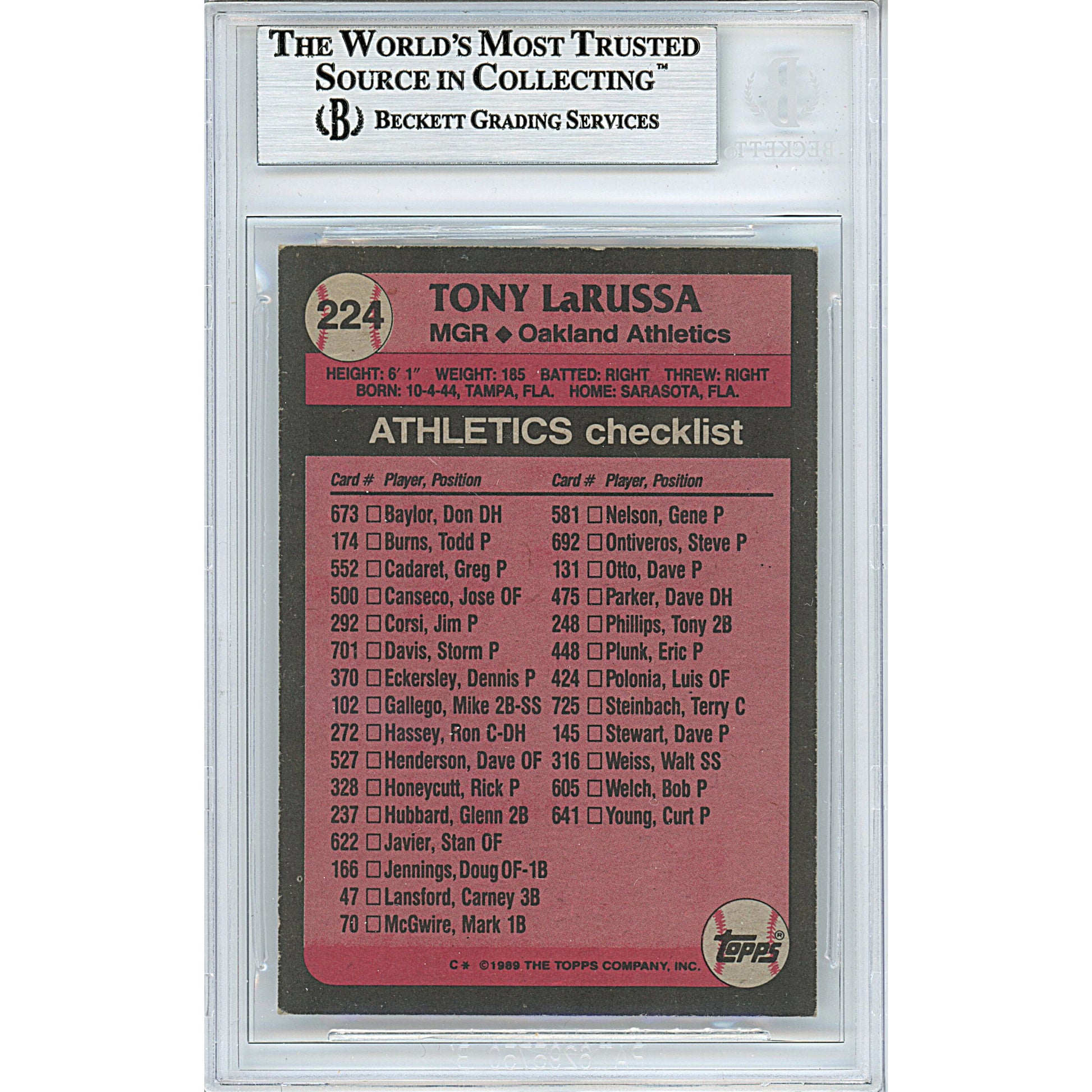 Baseballs- Autographed- Tony LaRussa Signed Oakland Athletics A's 1989 Topps Baseball Card Beckett Slabbed 00013191313 - 102