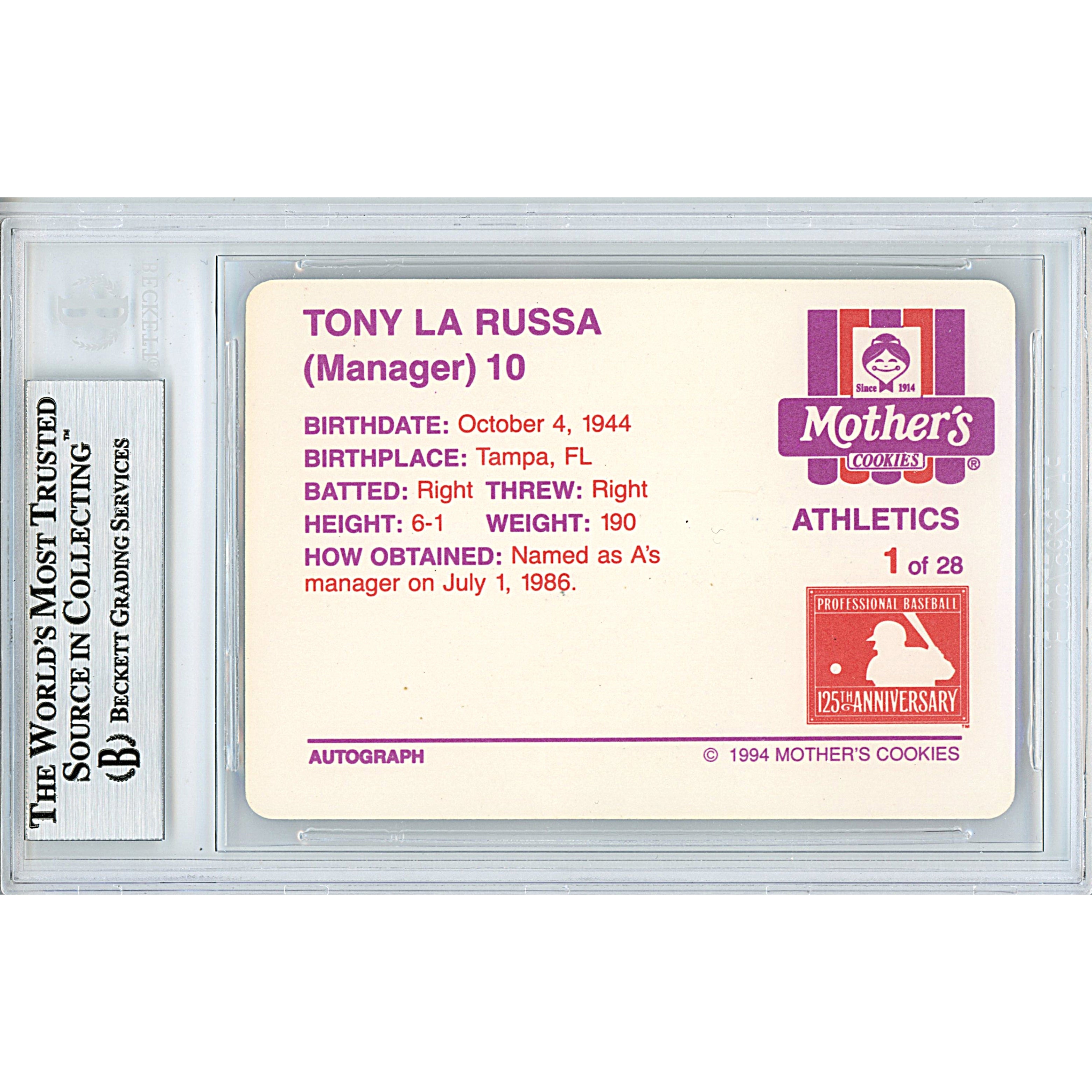 Tony LaRussa signed trading card – signature close-up – Beckett COA