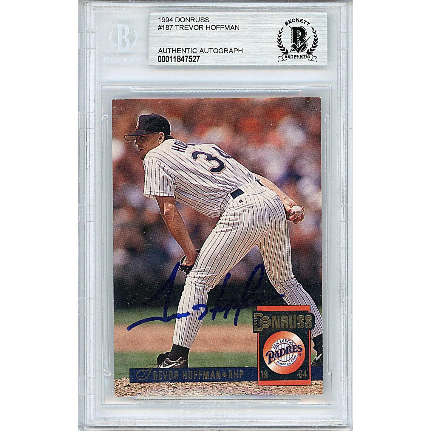 Baseballs- Autographed- Trevor Hoffman Signed San Diego Padres 1994 Donruss Baseball Trading Card Beckett BAS Slabbed Encapsulated 00011847527 - 101