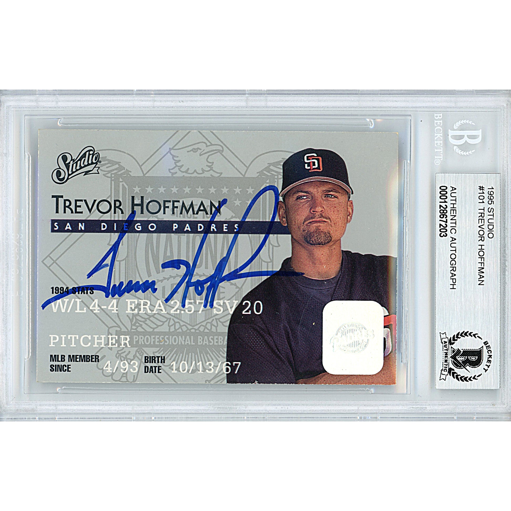Baseballs- Autographed- Trevor Hoffman Signed San Diego Padres 1995 Studio Base Set Baseball Trading Card - Beckett BGS BAS Slabbed - Encapsulated - 00012867203 - 101