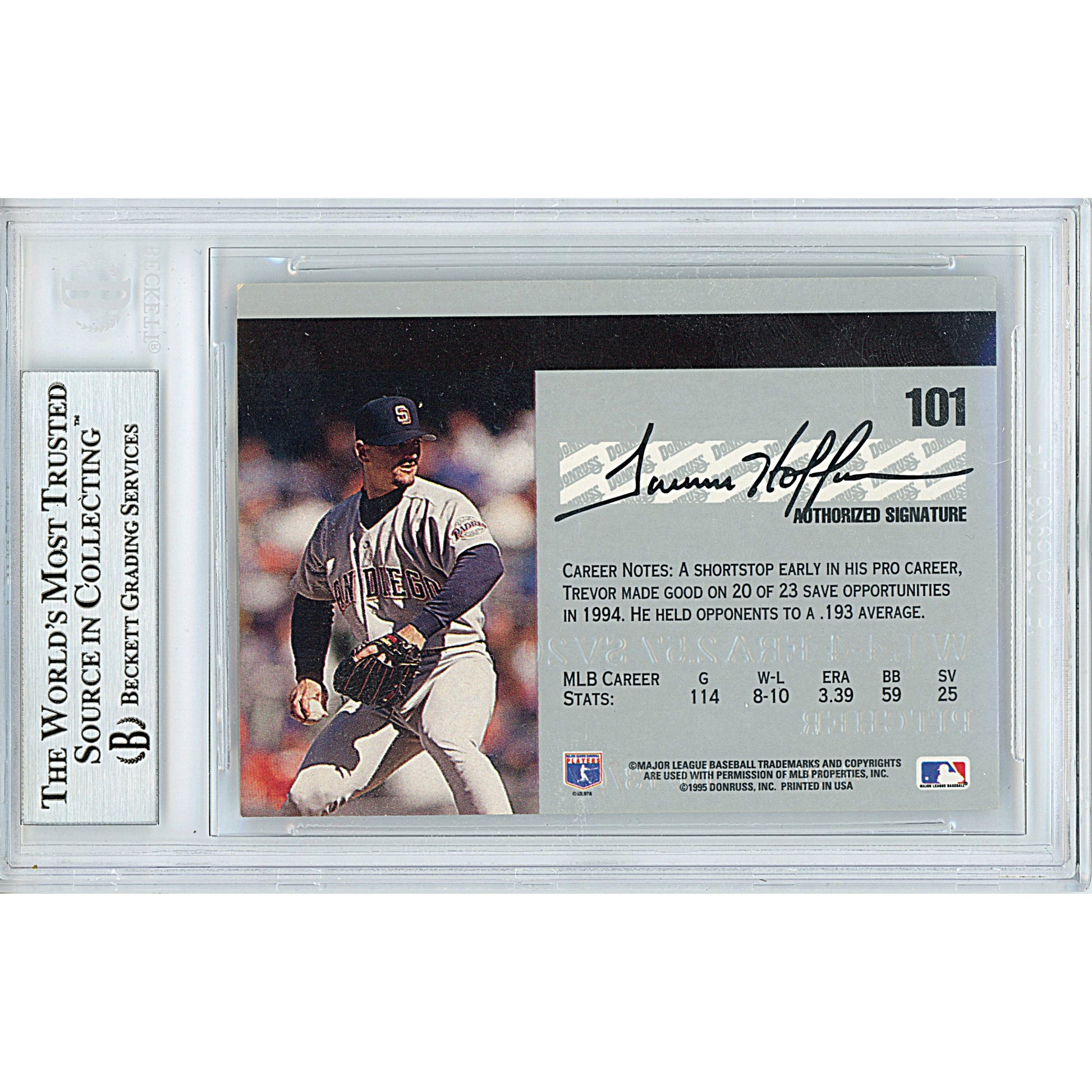 Baseballs- Autographed- Trevor Hoffman Signed San Diego Padres 1995 Studio Base Set Baseball Trading Card - Beckett BGS BAS Slabbed - Encapsulated - 00012867203 - 103