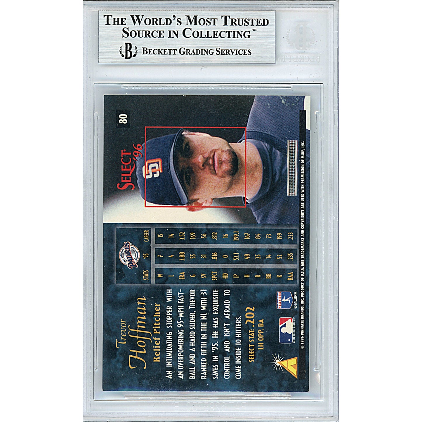 Baseballs- Autographed- Trevor Hoffman Signed San Diego Padres 1996 Pinnacle Select Baseball Trading Card- Beckett BAS BGS Authenticated - Slabbed- 00011847524 - 104