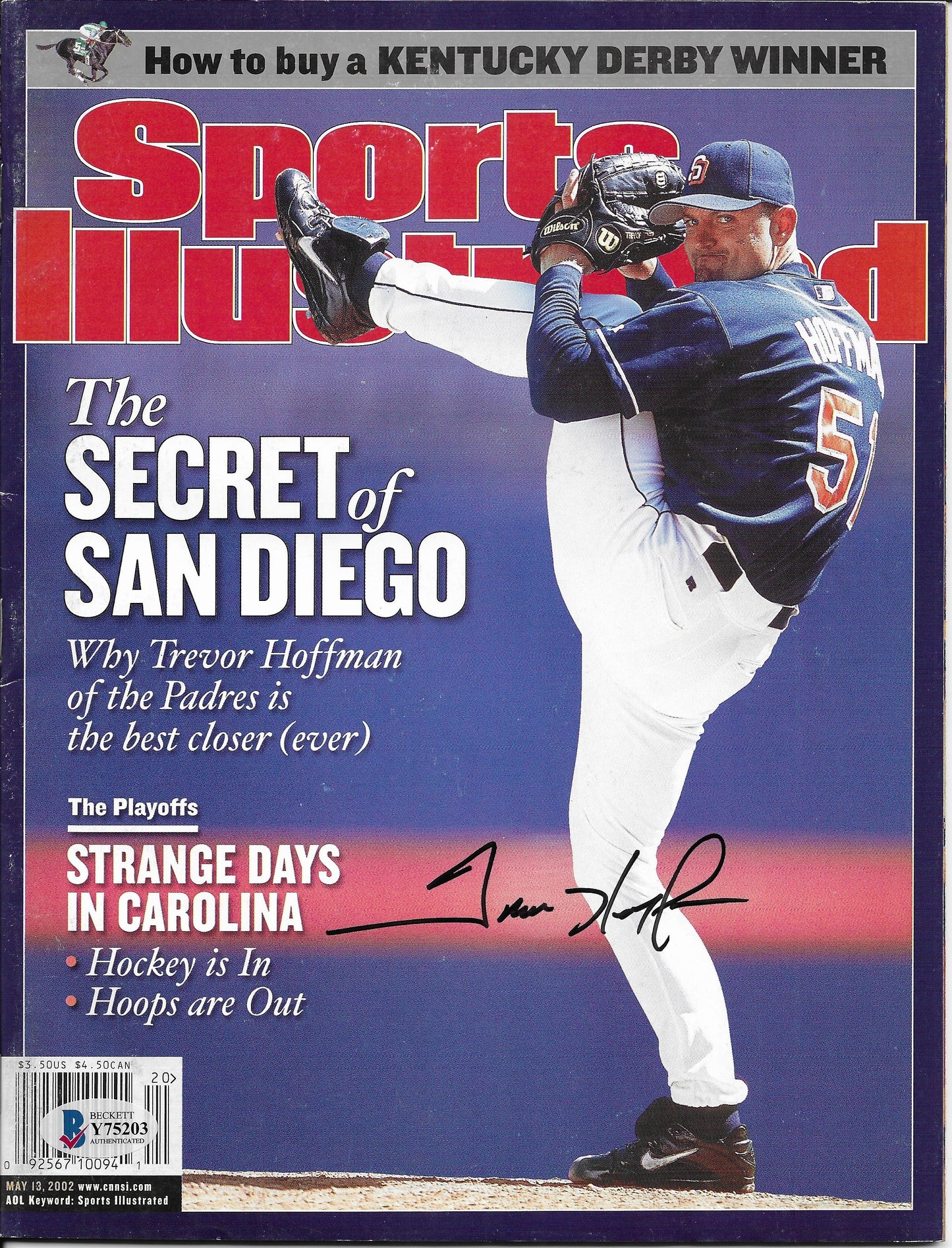 Baseballs- Autographed- Trevor Hoffman Signed San Diego Padres May 22, 2002 Sports Illustrated Magazine Beckett BAS Authentication 102