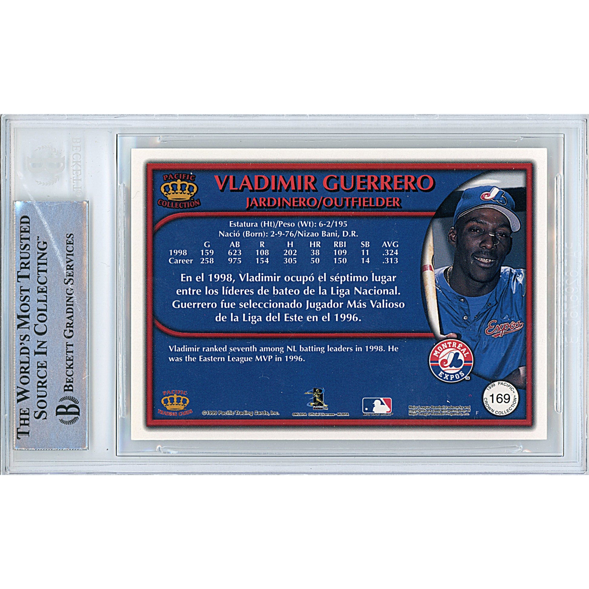 Baseballs- Autographed- Vladimir Guerrero Signed Montreal Expos 1999 Pacific Crown Collection Baseball Card Beckett Slabbed 00014391024 - 102