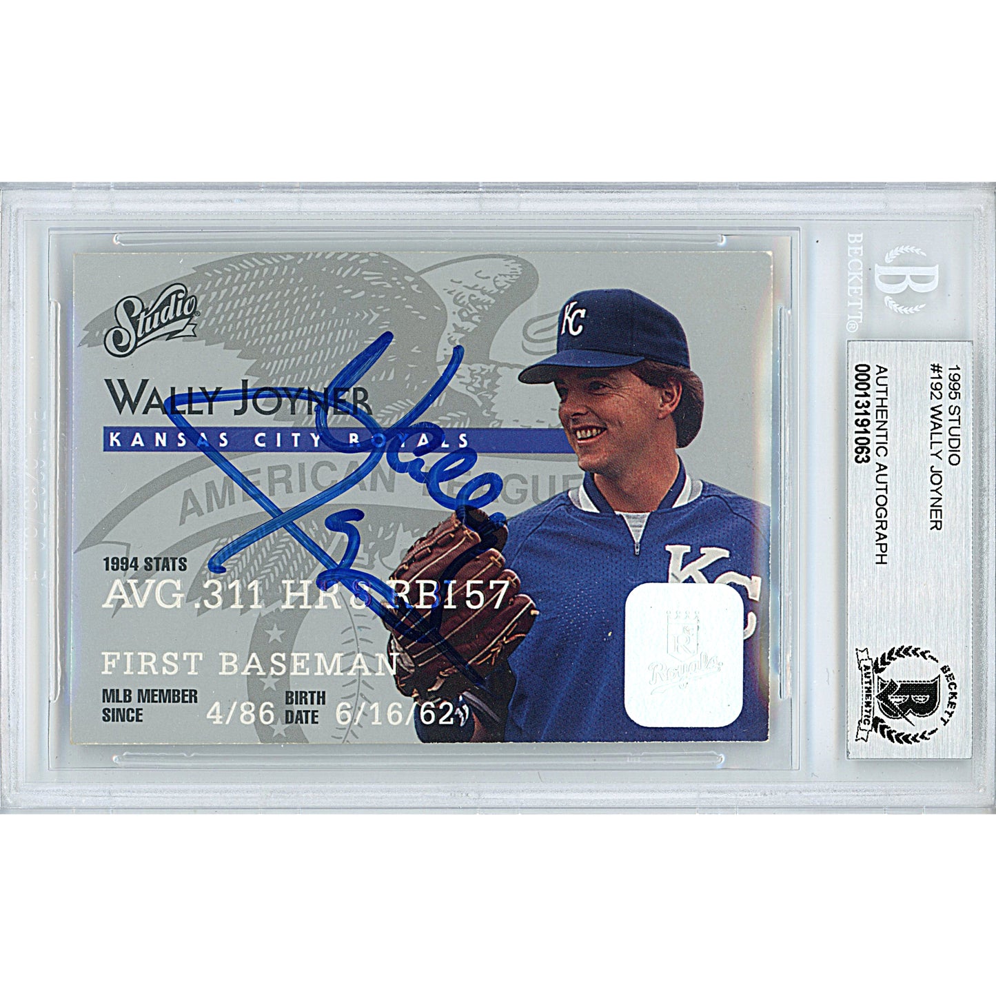 Baseballs- Autographed- Wally Joyner Signed Kansas City Royals 1995 Donruss Studio Baseball Card Beckett BAS Slabbed 00013191063 - 101
