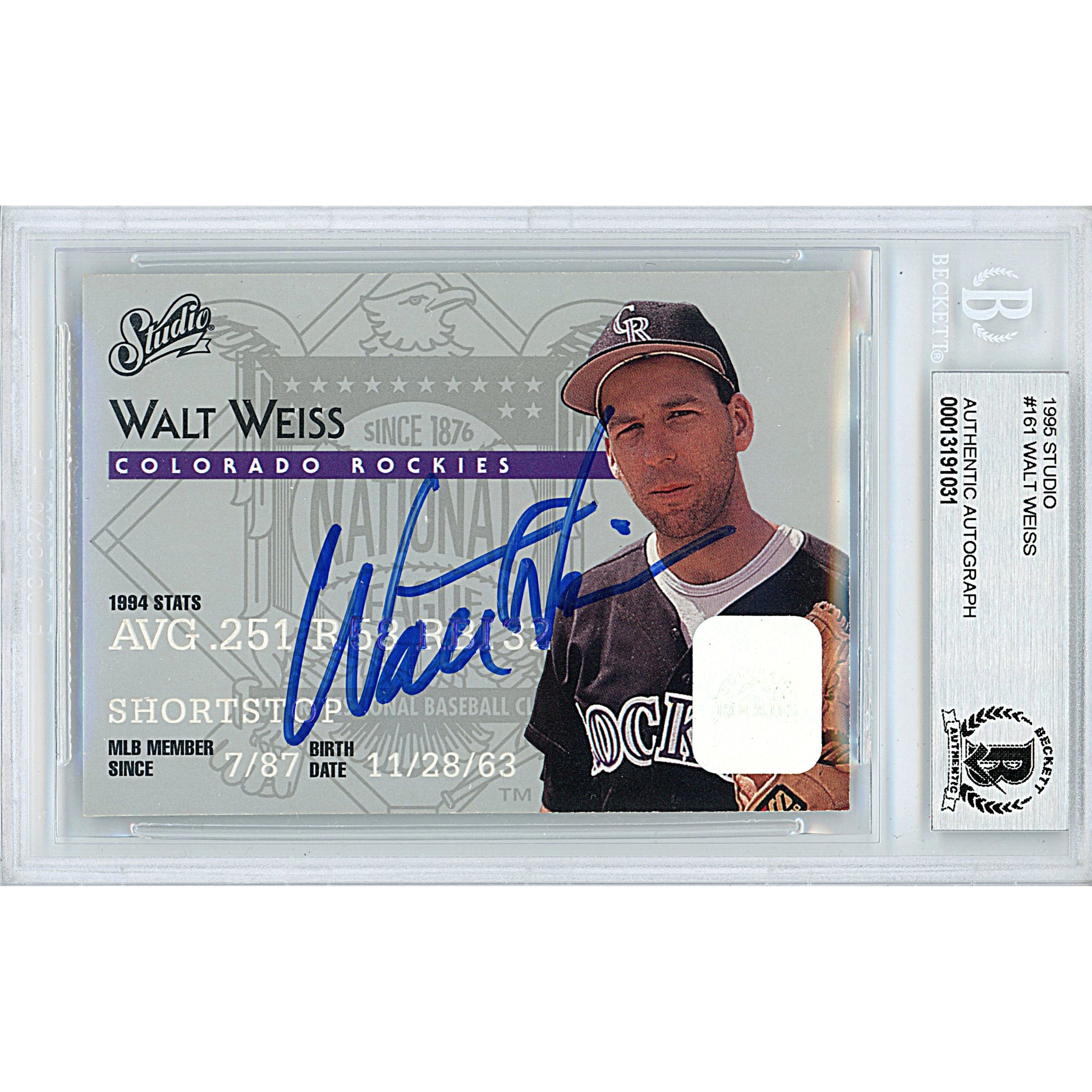 Walt Weiss Autographed Colorado Rockies 1995 Studio Baseball Card Beckett  Slab