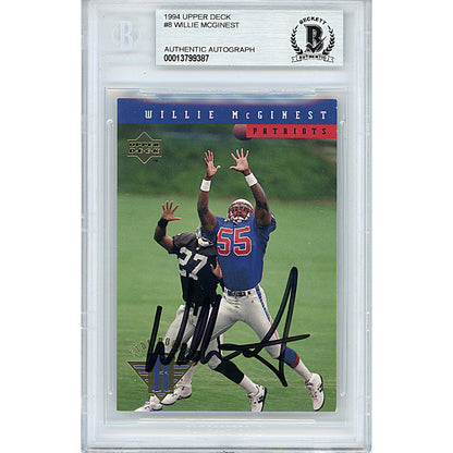 Footballs- Autographed- Willie McGinest Signed New England Patriots 1994 Upper Deck Rookie Football Card Beckett BAS Slabbed 00013799387 - 101