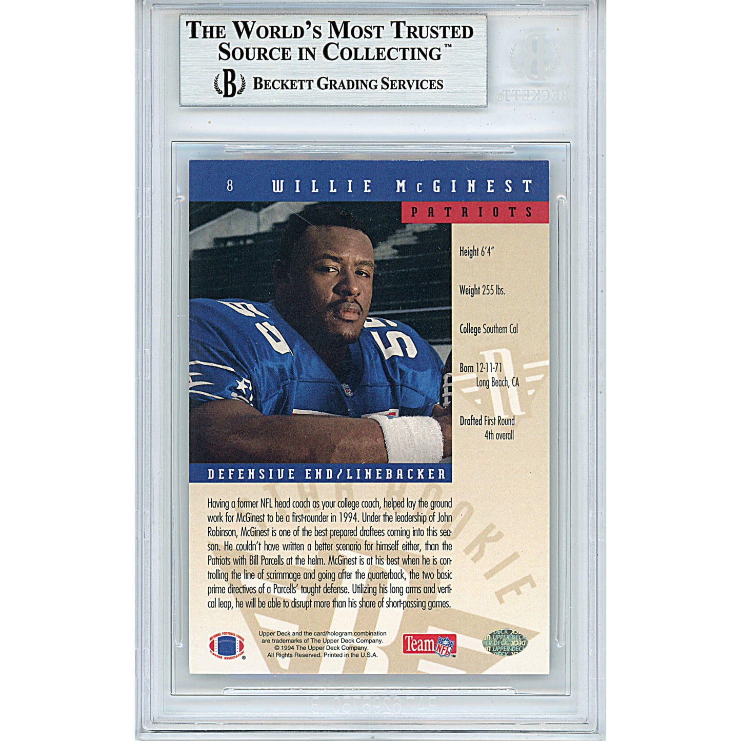 Footballs- Autographed- Willie McGinest Signed New England Patriots 1994 Upper Deck Rookie Football Card Beckett BAS Slabbed 00013799387 - 102
