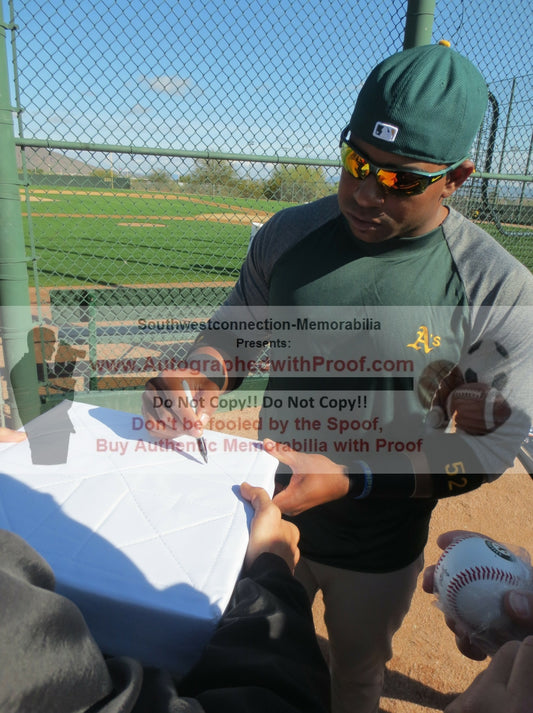 Home Plates- Autographed- Yoenis Cespedes Signing Oakland Athletics A's Elephant Logo Baseball Base with Exact Proof - Beckett BAS Authentication - 1